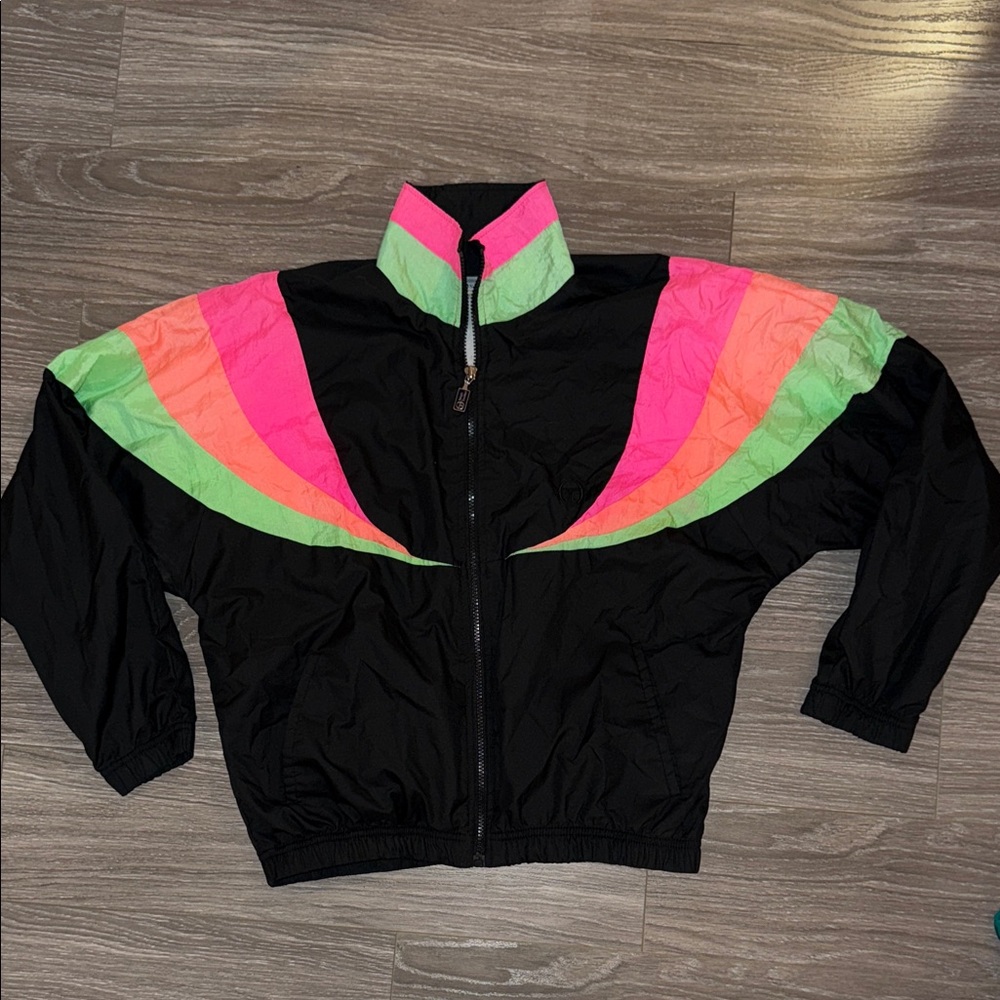 Vintage 80s Sergio Tacchini Black Jacket with Neon Pink and Green Accents